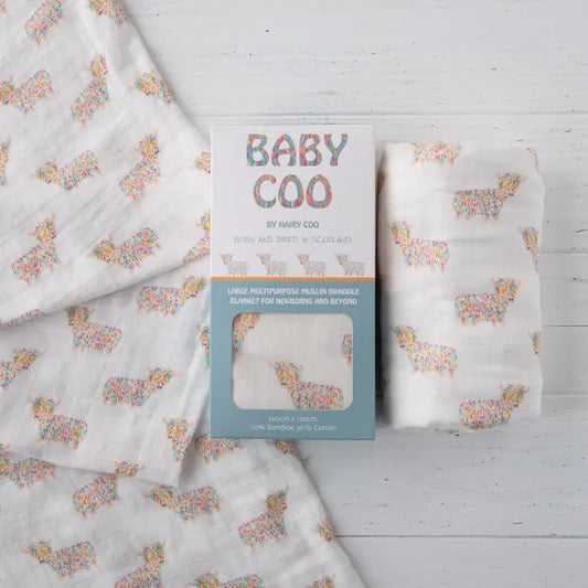 Highland Cow Baby Muslin Swaddle | 120cm X 110cm