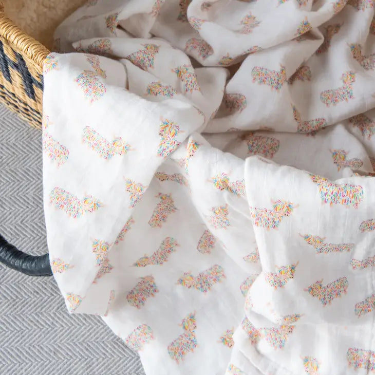 Highland Cow Baby Muslin Swaddle | 120cm X 110cm