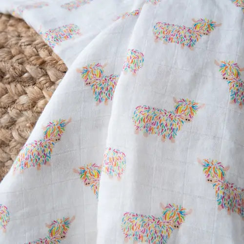 Highland Cow Baby Muslin Swaddle | 120cm X 110cm