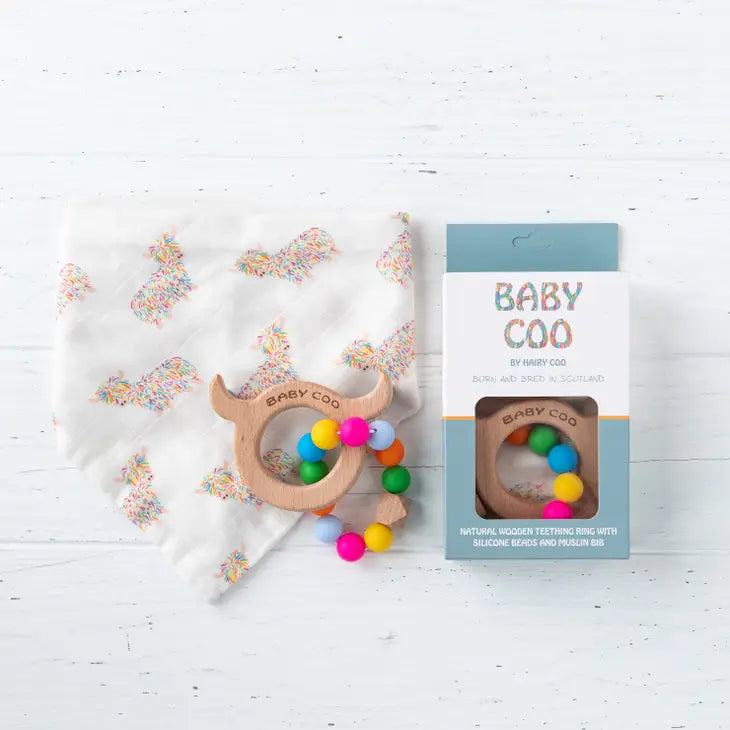 Highland Cow Teething Ring - with Silicone Beads and Bib