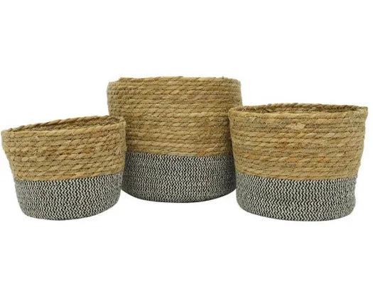 GLOBE BASKETS - NATURAL W BLACK & WHITE ROPE